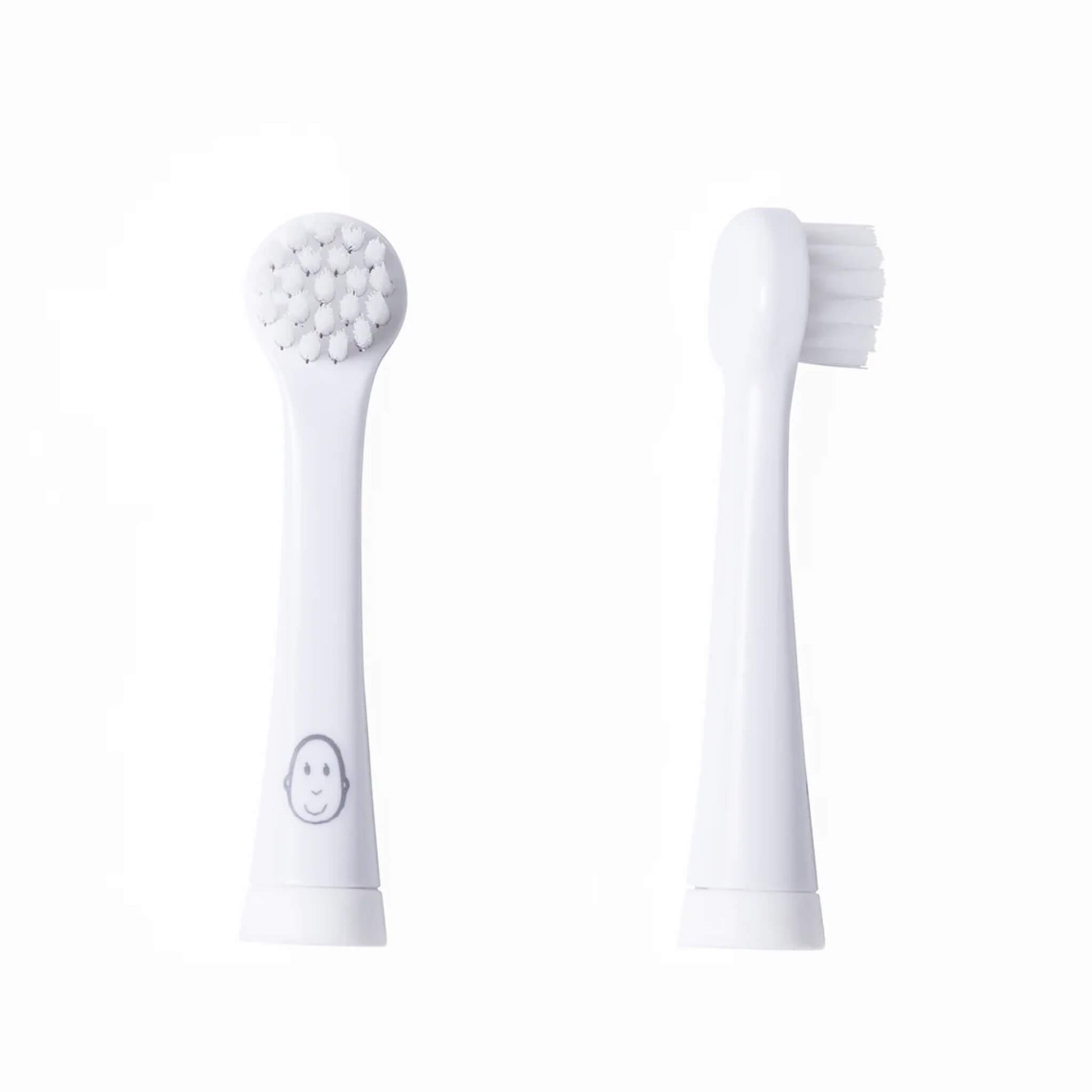 Matchstick Monkey Baby Electric Sonic Toothbrush Replacement Heads showing two white replacement heads side by side, one with soft bristles and one with a rounded silicone-style textured tip.