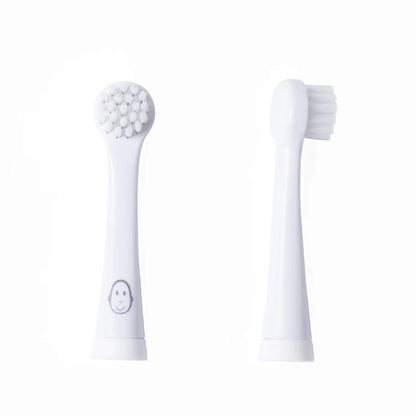 Matchstick Monkey Baby Electric Sonic Toothbrush Replacement Heads showing two white replacement heads side by side, one with soft bristles and one with a rounded silicone-style textured tip.
