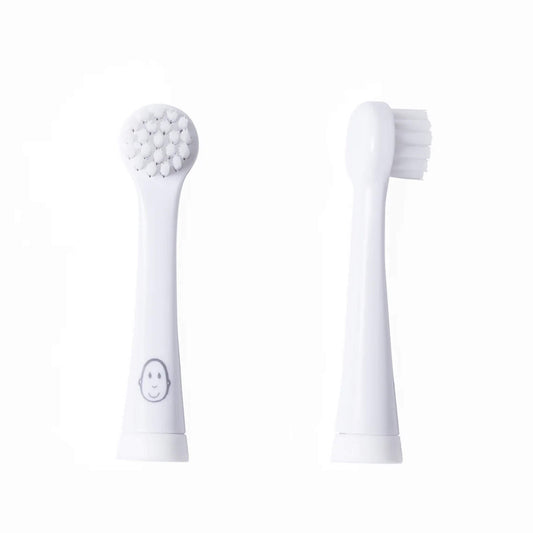 Matchstick Monkey Baby Electric Sonic Toothbrush Replacement Heads showing two white replacement heads side by side, one with soft bristles and one with a rounded silicone-style textured tip.