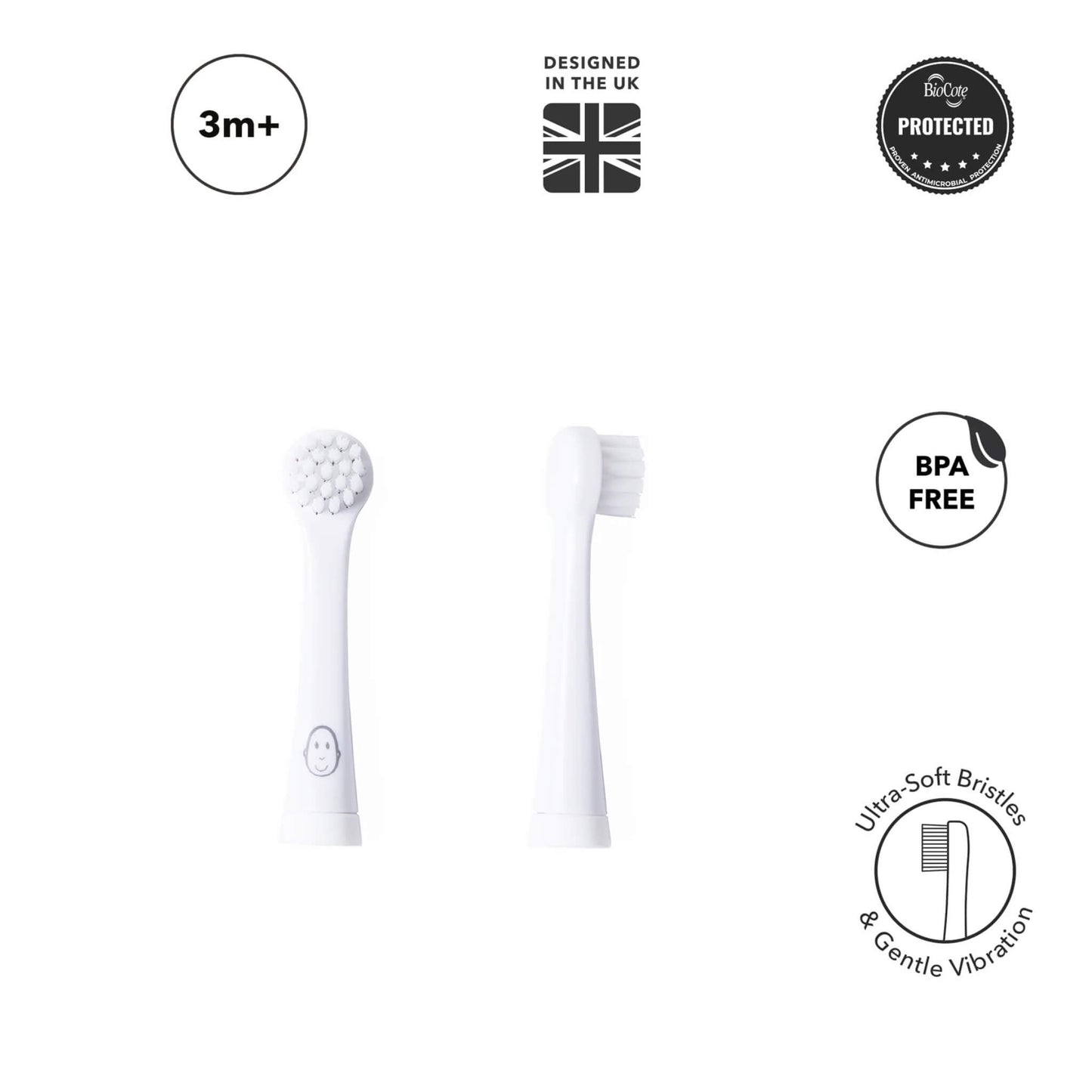 Two replacement toothbrush heads displayed upright on a white background, surrounded by simple icons indicating features such as BPA-free and antimicrobial protection.