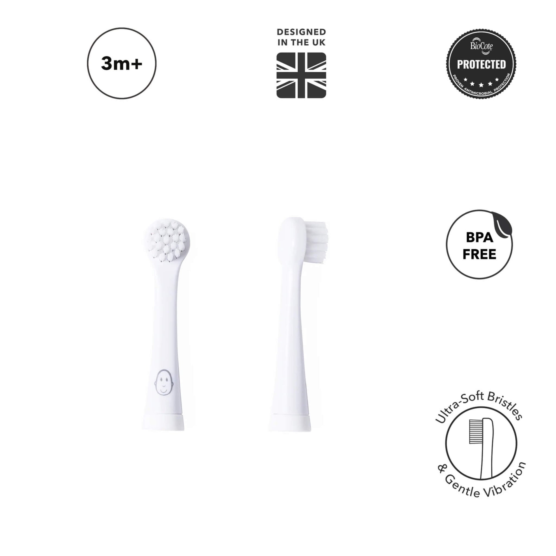 Two replacement toothbrush heads displayed upright on a white background, surrounded by simple icons indicating features such as BPA-free and antimicrobial protection.