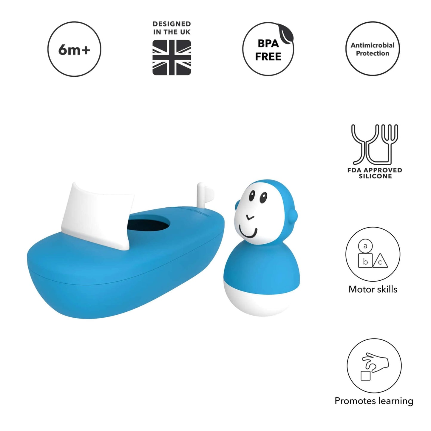 Blue silicone bath boat shown with its removable monkey figure beside it, surrounded by icons for age suitability, BPA-free material, antimicrobial protection, and motor skill benefits.