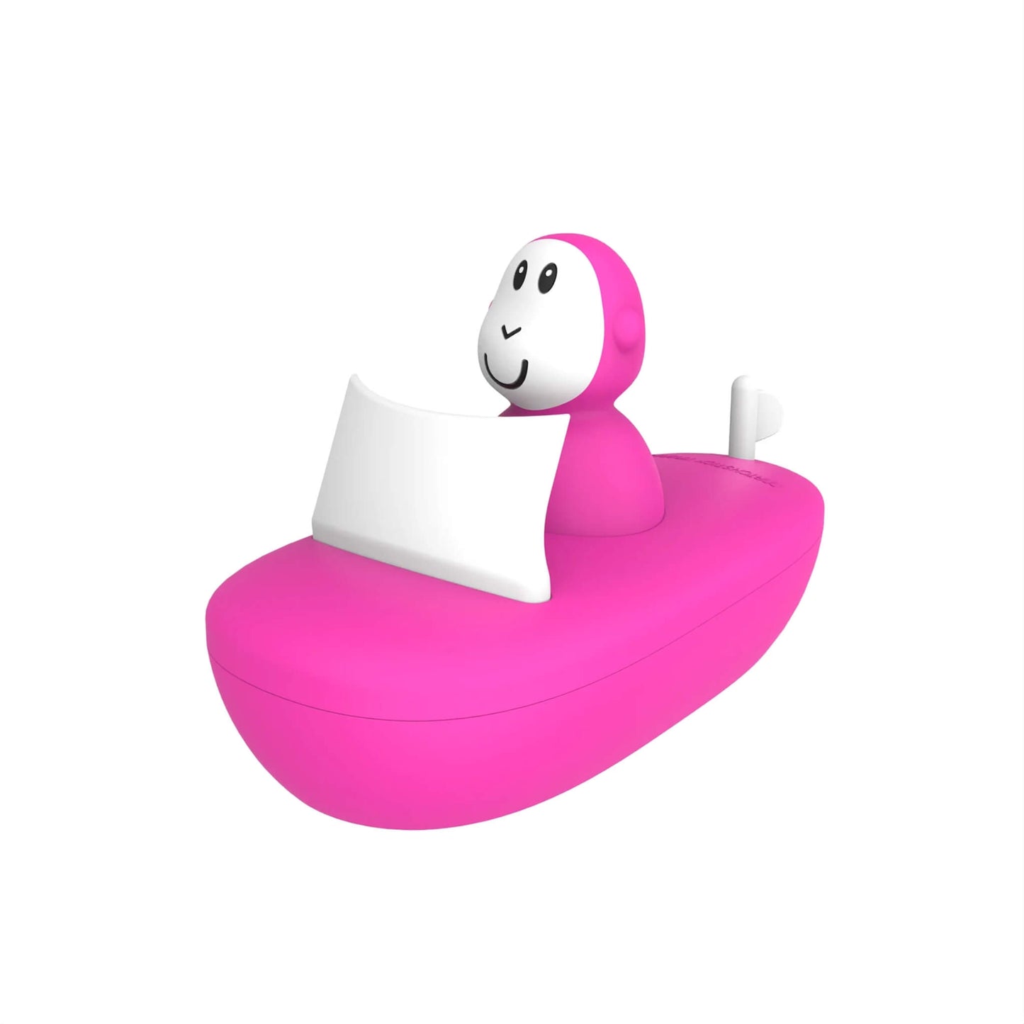 Matchstick Monkey Bathtime Boat Set in pink shown as a silicone toy boat with a smiling character seated behind a white sail.