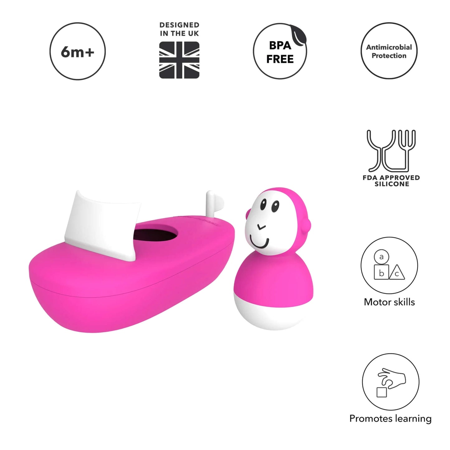 Pink silicone boat toy shown with its removable character beside it, surrounded by icons highlighting features such as age suitability, BPA-free material, antimicrobial protection, motor skills and learning benefits.