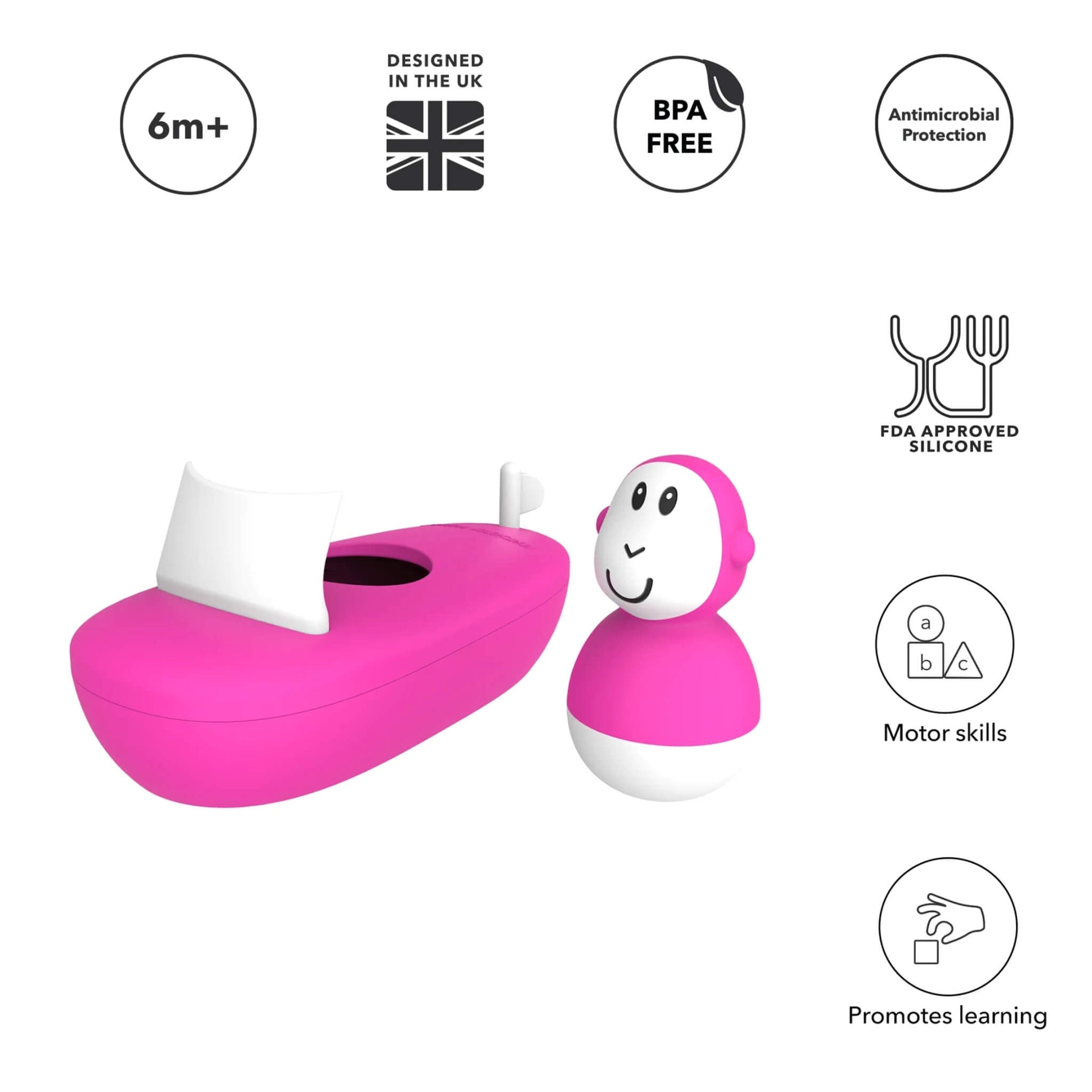 Pink silicone boat toy shown with its removable character beside it, surrounded by icons highlighting features such as age suitability, BPA-free material, antimicrobial protection, motor skills and learning benefits.