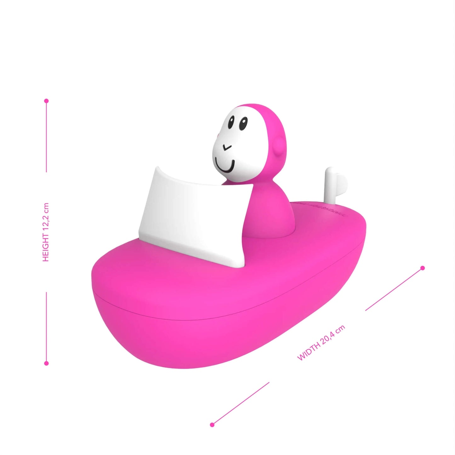 Pink silicone toy bath boat displayed from the side with measurements showing its height of 12.2 cm and width of 20.4 cm.