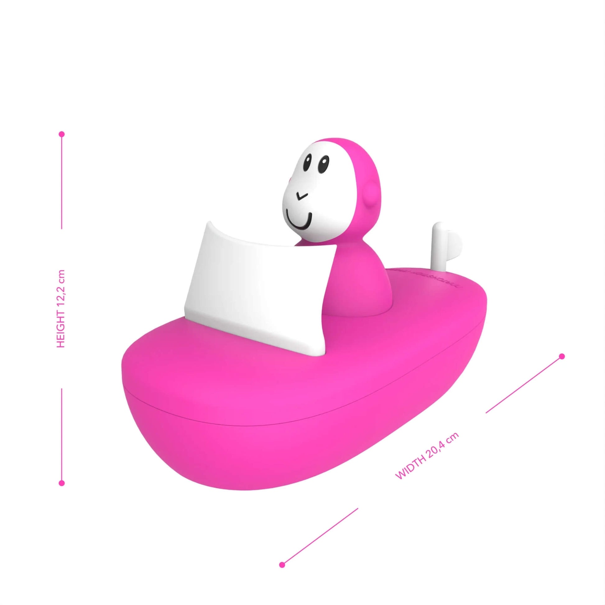 Pink silicone toy bath boat displayed from the side with measurements showing its height of 12.2 cm and width of 20.4 cm.