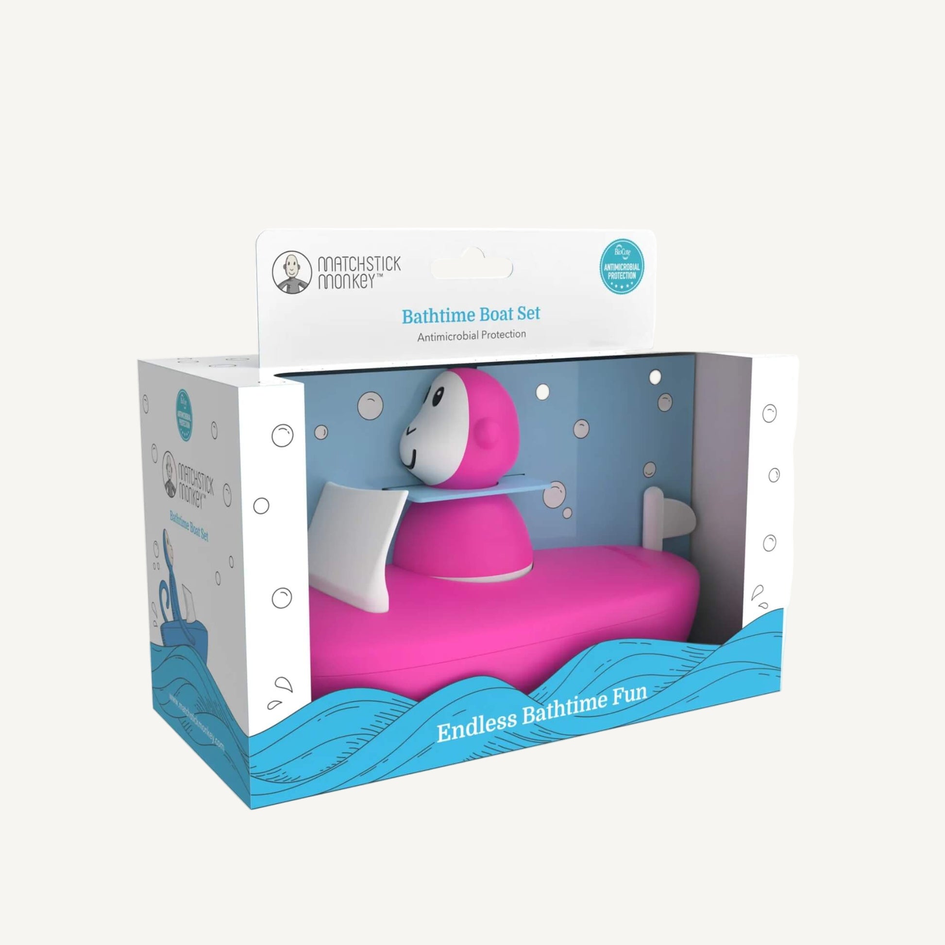 Pink boat toy and character packaged in its retail box, featuring a clear window and illustrated design with bath-themed graphics.