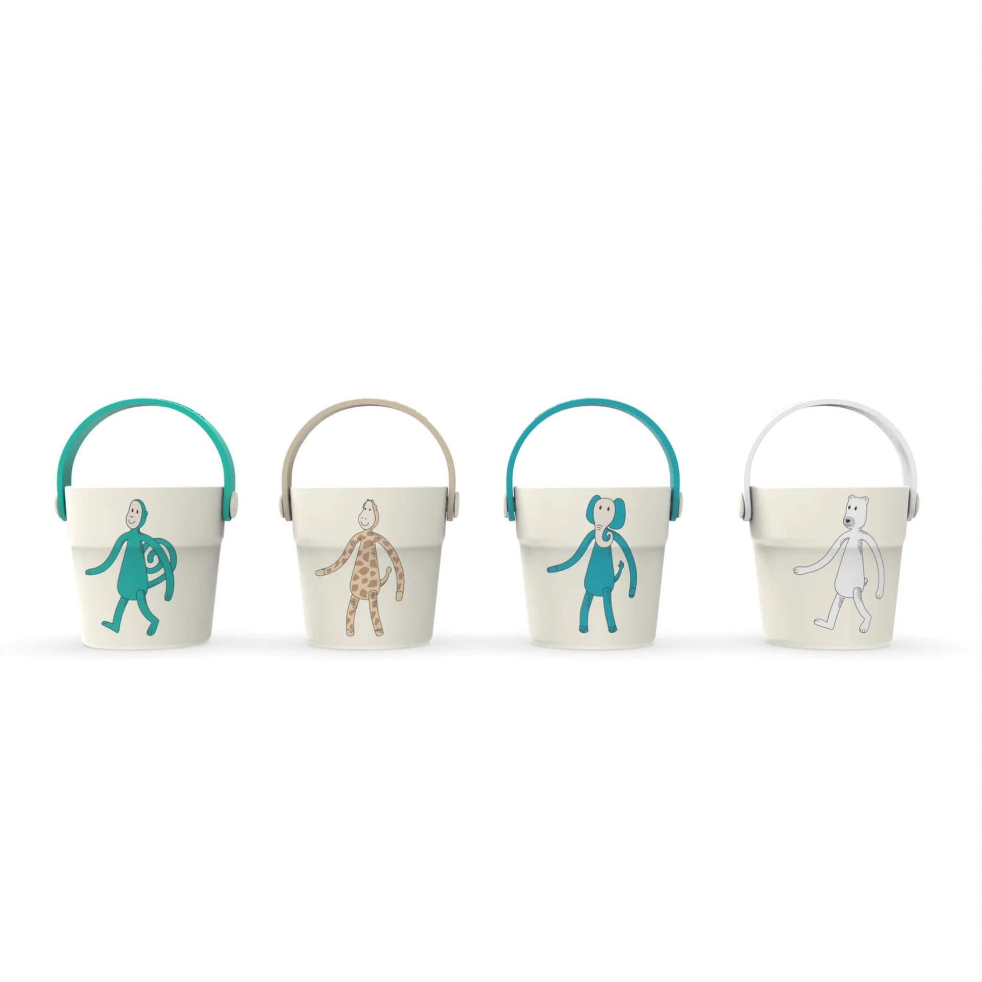 A row of four small cream buckets with coloured handles and playful character illustrations printed on the front.
