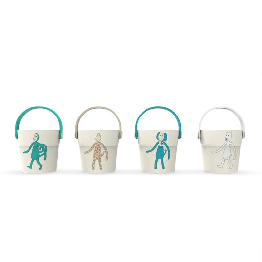 A row of four small cream buckets with coloured handles and playful character illustrations printed on the front.