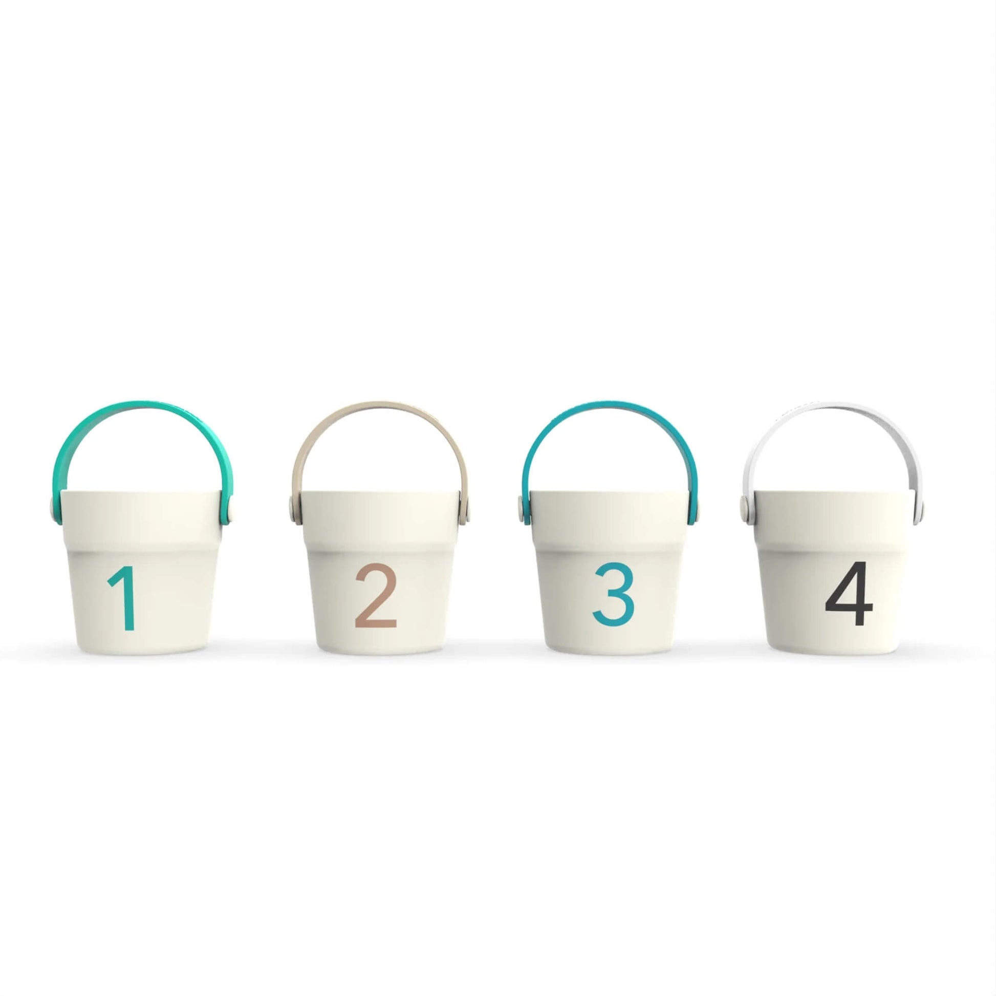 A set of four cream toy buckets shown from the back, each with a bold number from one to four printed on the surface.