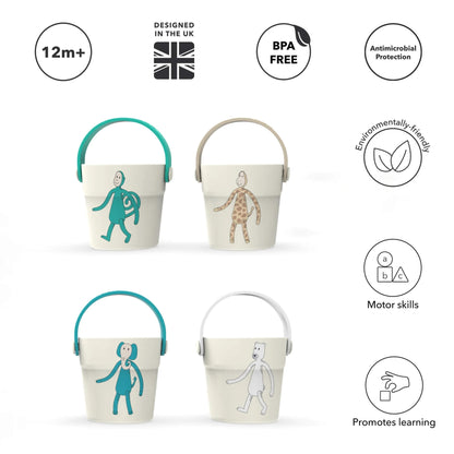 Four small buckets arranged in a grid with BPA-free and antimicrobial icons displayed around them.