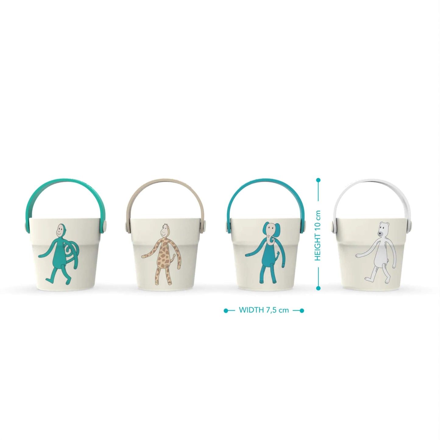 A row of four small buckets with coloured handles shown with height and width measurements alongside the illustrations.