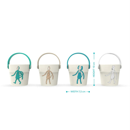 A row of four small buckets with coloured handles shown with height and width measurements alongside the illustrations.