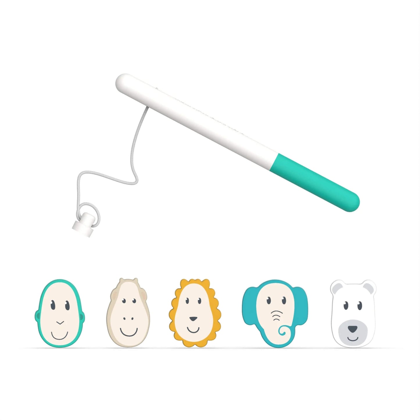 Matchstick Monkey Bathtime Fishing Game with character pieces and fishing rod displayed together against a plain backdrop.