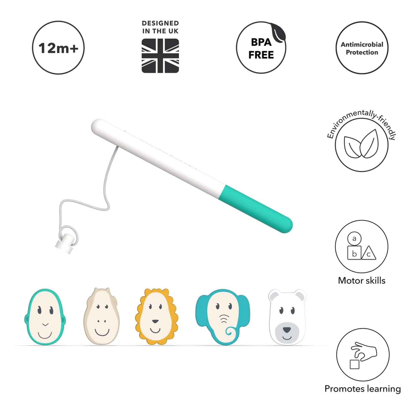 A white and teal toy fishing rod with a cord and hook is shown above five floating animal pieces, including a monkey, hippo, lion, elephant and polar bear, with simple icons around them indicating age suitability, BPA-free material and learning benefits.