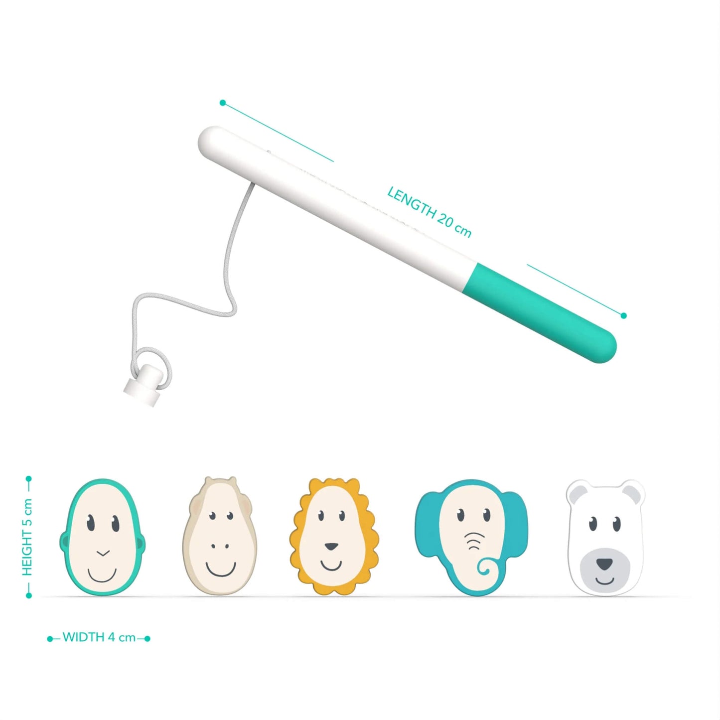 A fishing rod and floating animal pieces shown alongside icons highlighting age suitability, materials and benefits.