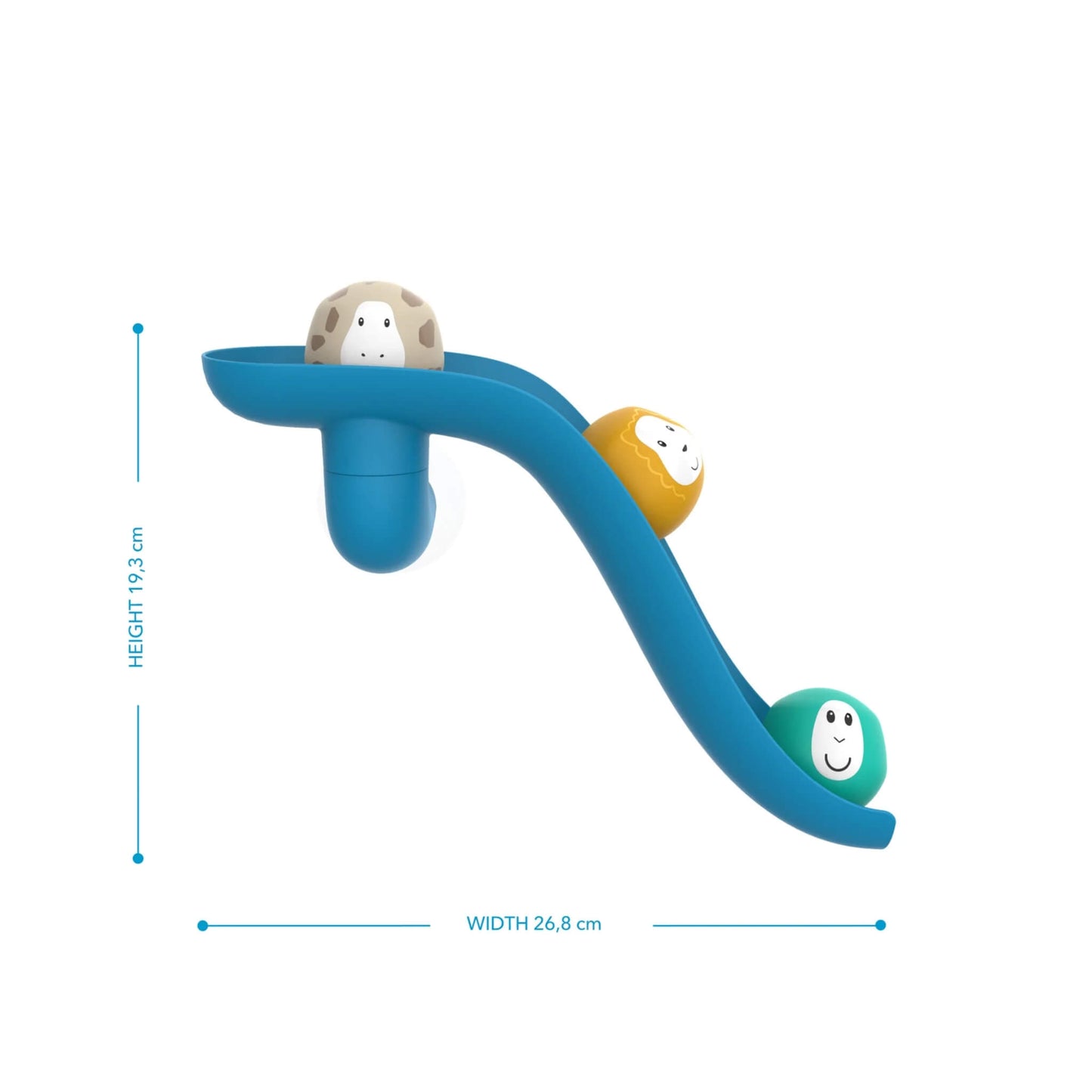 Curved blue water slide with three round animal character balls, shown flat against a white background with measurements indicating the height and width of the slide.