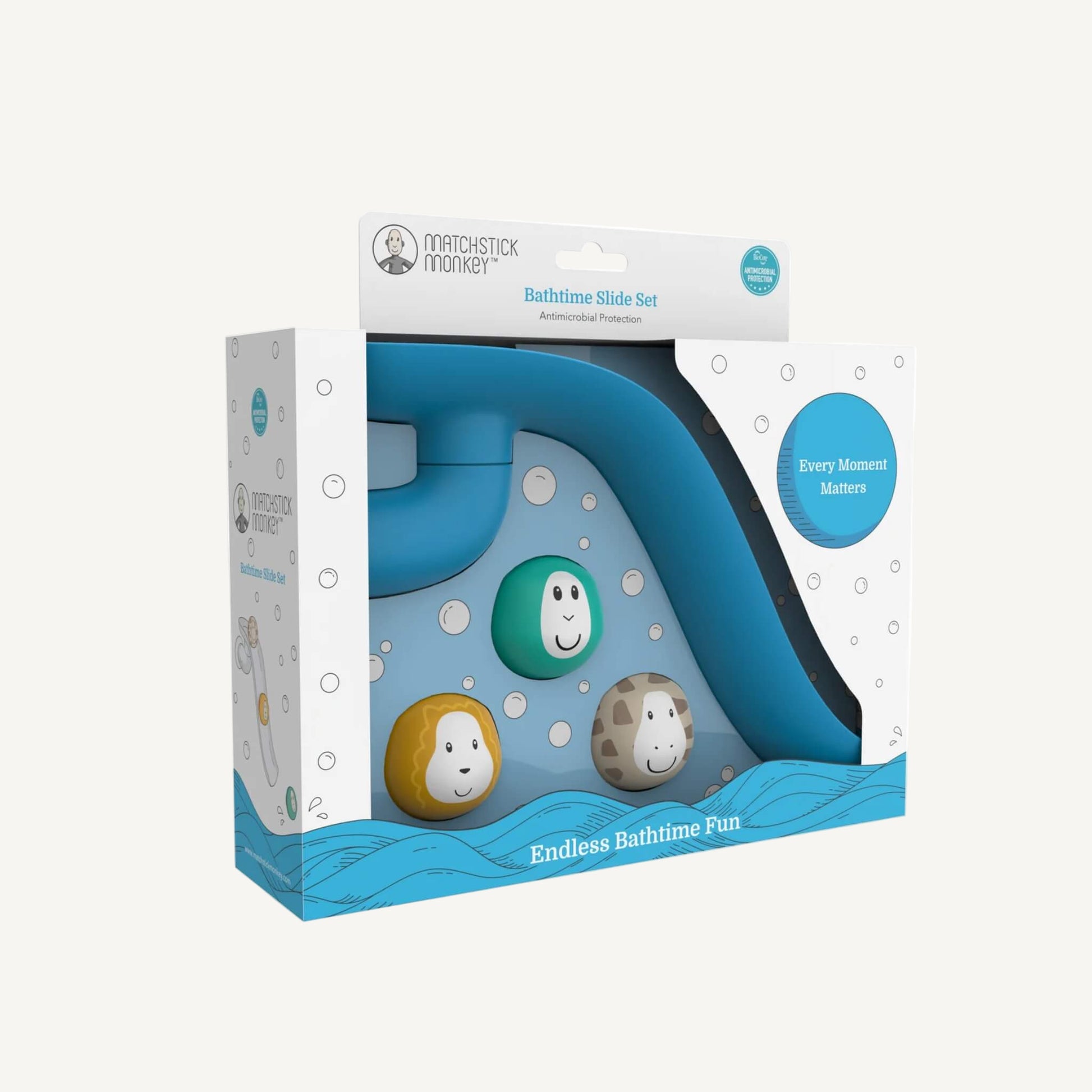 Retail packaging displaying a blue bathtime slide toy and three animal character balls through a clear window, with printed bubbles and product information on the box.