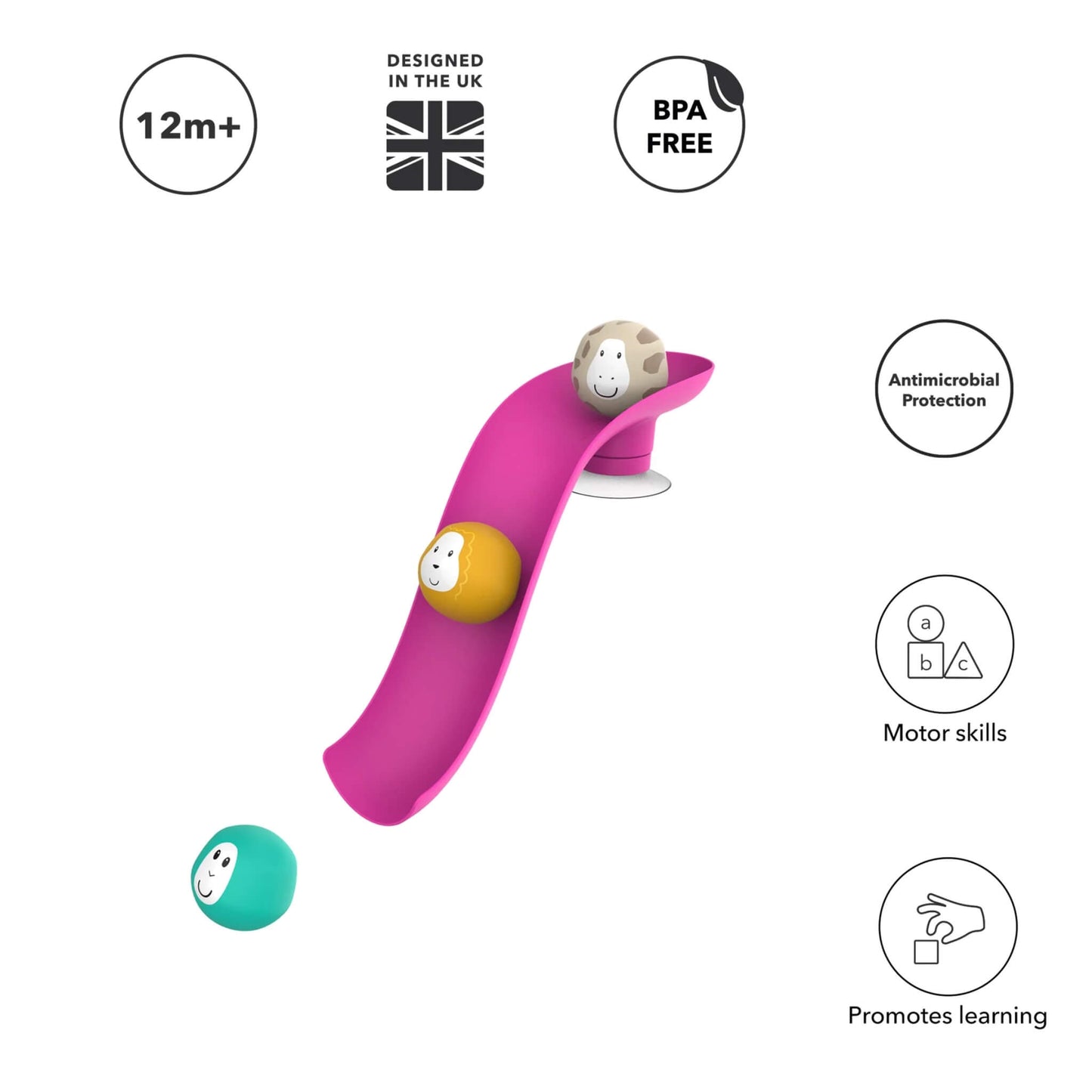 Pink curved bathtime slide with three animal character balls placed on it, surrounded by simple icons showing age suitability and product features.