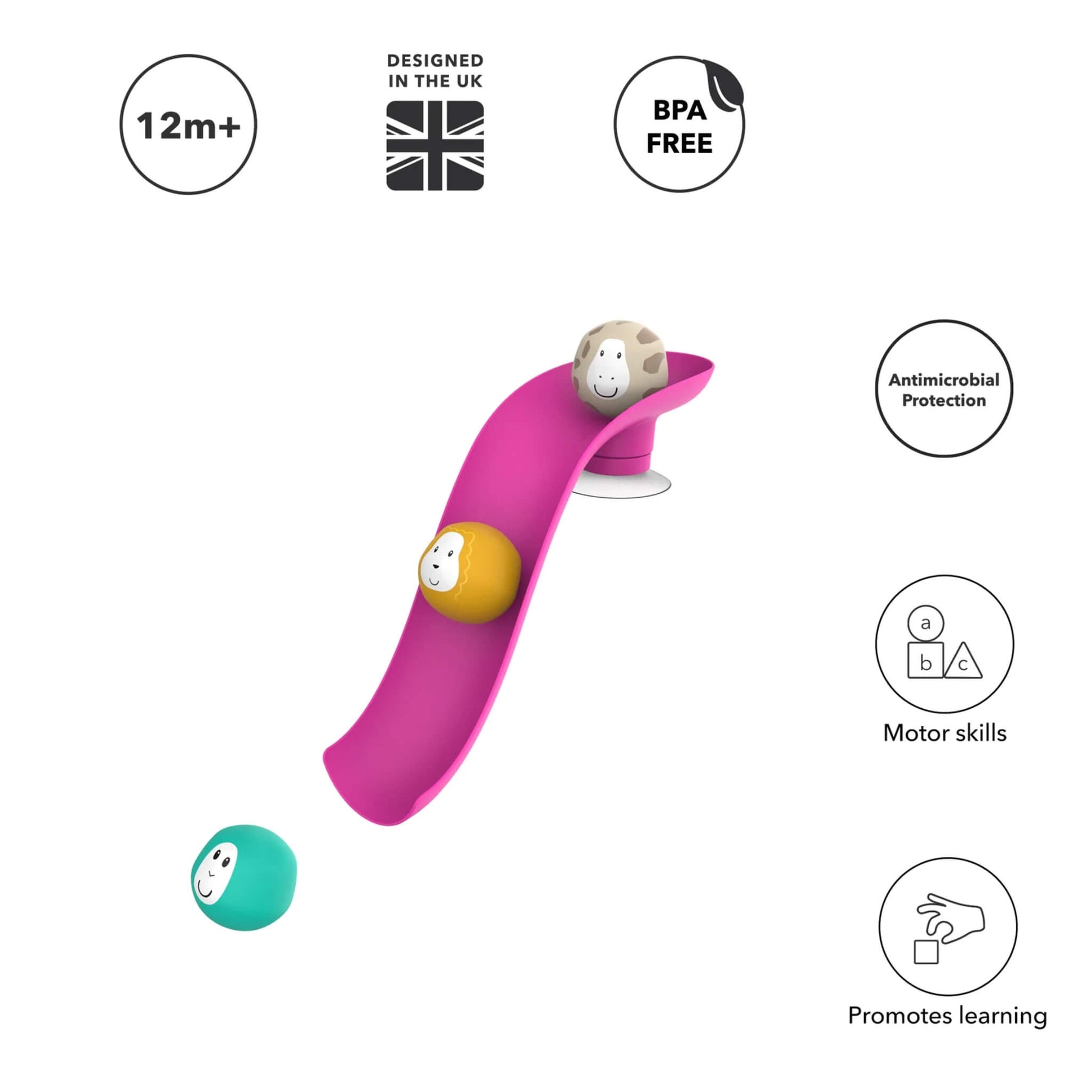 Pink curved bathtime slide with three animal character balls placed on it, surrounded by simple icons showing age suitability and product features.