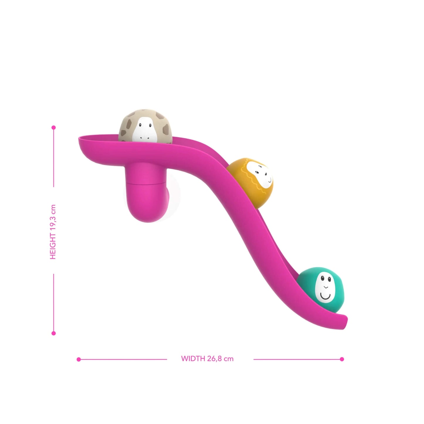 Pink curved slide shown flat against a white background with height and width measurements displayed around the image.