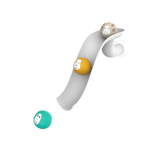 Matchstick Monkey Bathtime Slide Set in white shown with three smiling animal balls resting on the curved slide attached by a suction cup.
