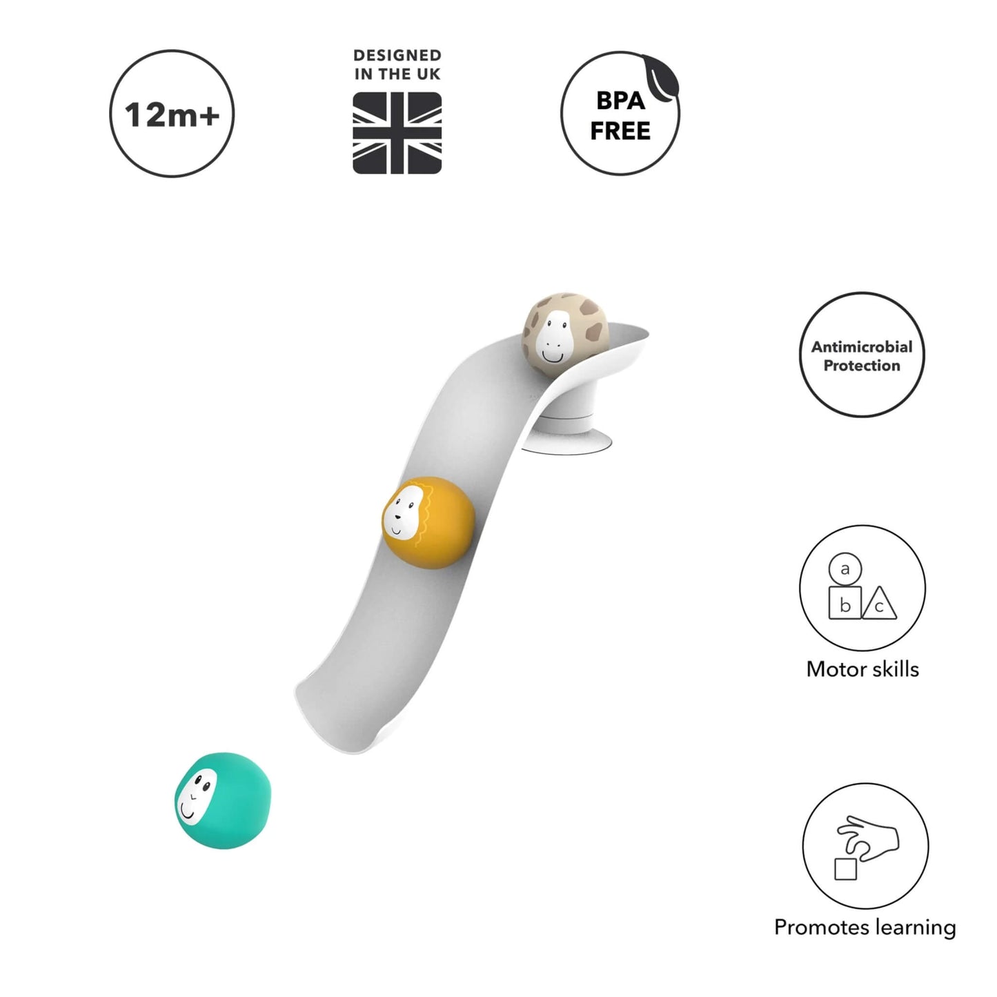 White curved bathtime slide with three animal character balls placed on it, surrounded by simple icons showing age suitability and product features.