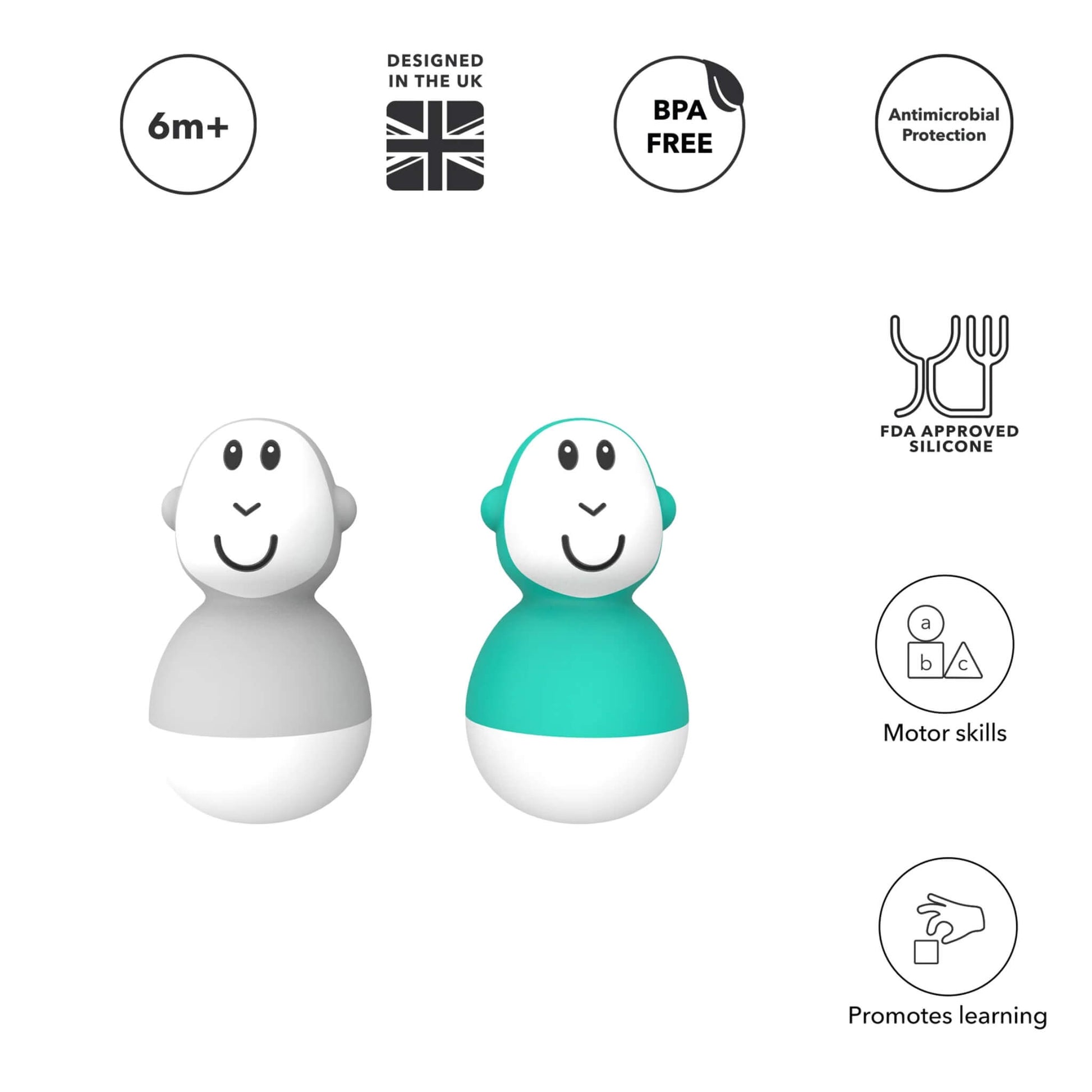 Two wobbling bath toys displayed beneath a row of circular icons indicating age suitability, materials, motor skills support and antimicrobial protection.