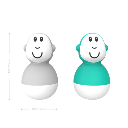 Two wobbling bath toys shown with height and width measurements marked beside them on a clean white background.