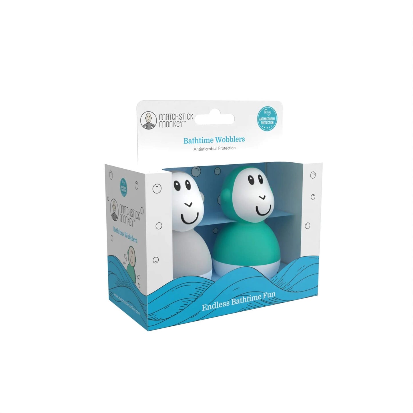 A retail box containing two wobbling bath toys, with the front of the packaging showing the toys through a cut-out window.