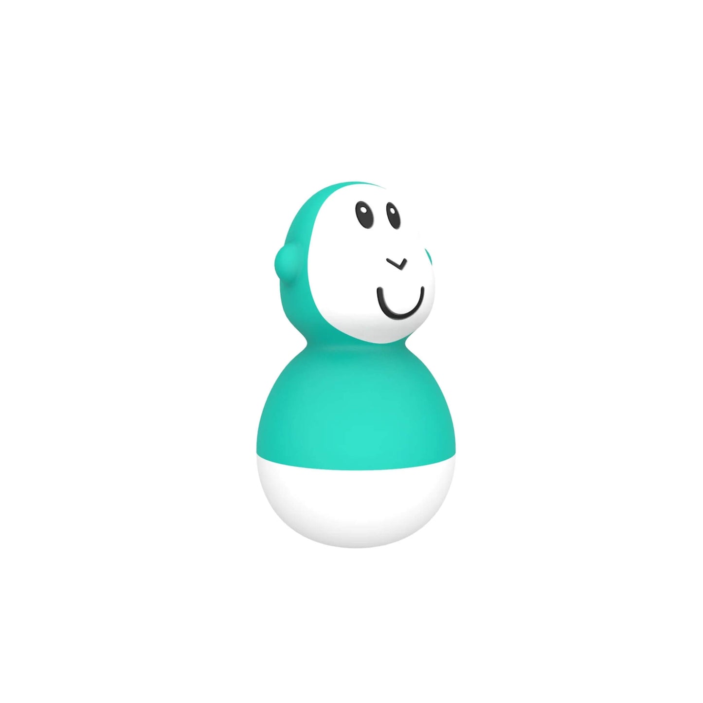 A green wobbling bath toy standing upright on a white background, showing its curved body and friendly facial features.