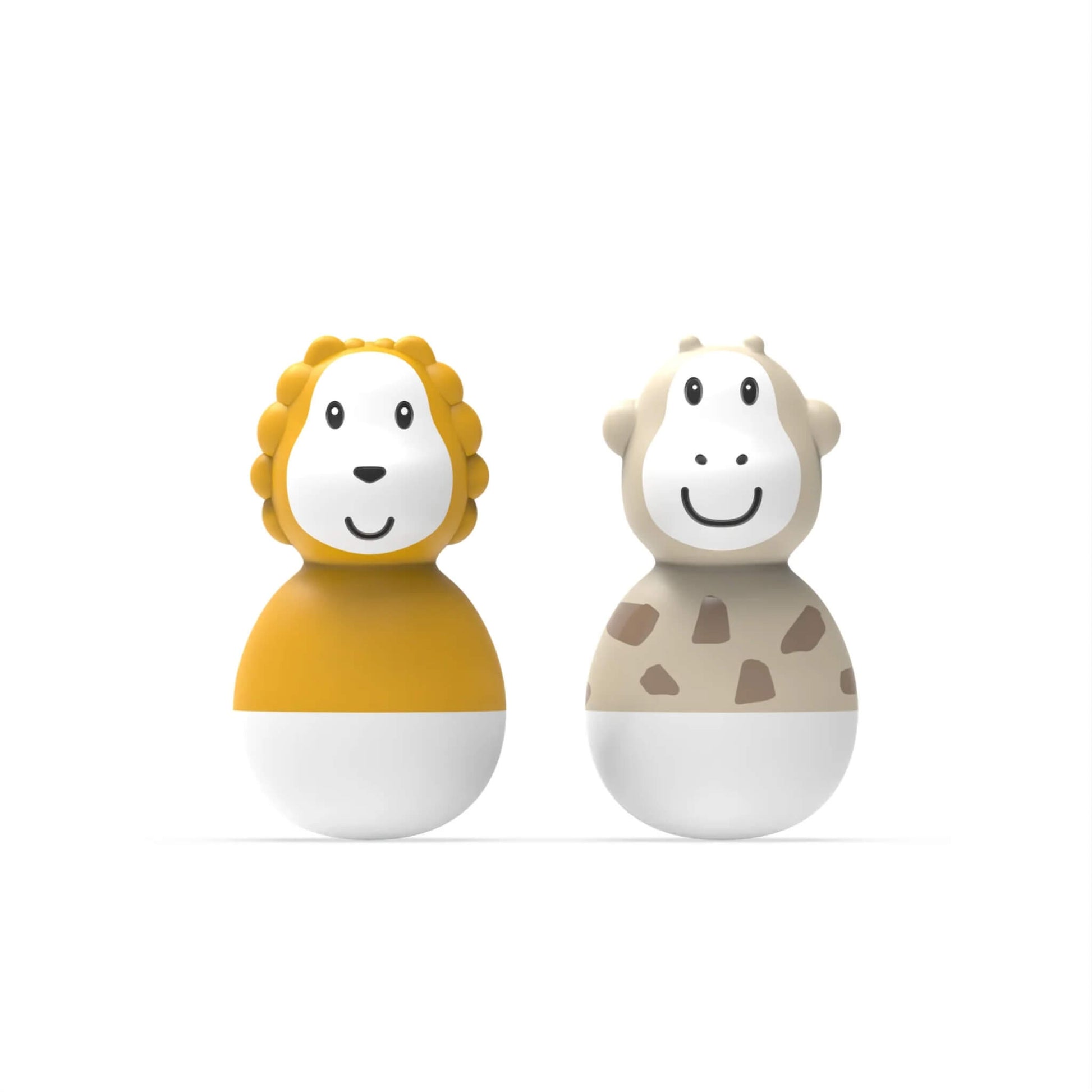 Matchstick Monkey Bathtime Wobblers Lion and Giraffe set shown side by side with smooth rounded shapes and friendly faces on a white background.