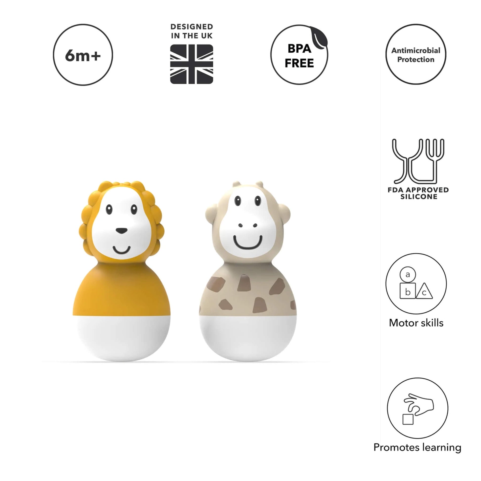Two bath wobblers, with a lion and a giraffe design, displayed beneath icons for age suitability, BPA free materials and motor skills benefits.