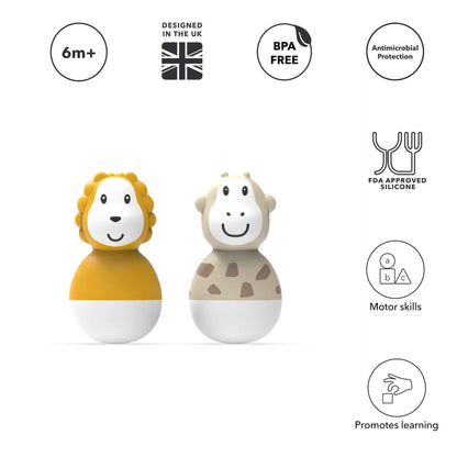 Two bath wobblers, with a lion and a giraffe design, displayed beneath icons for age suitability, BPA free materials and motor skills benefits.