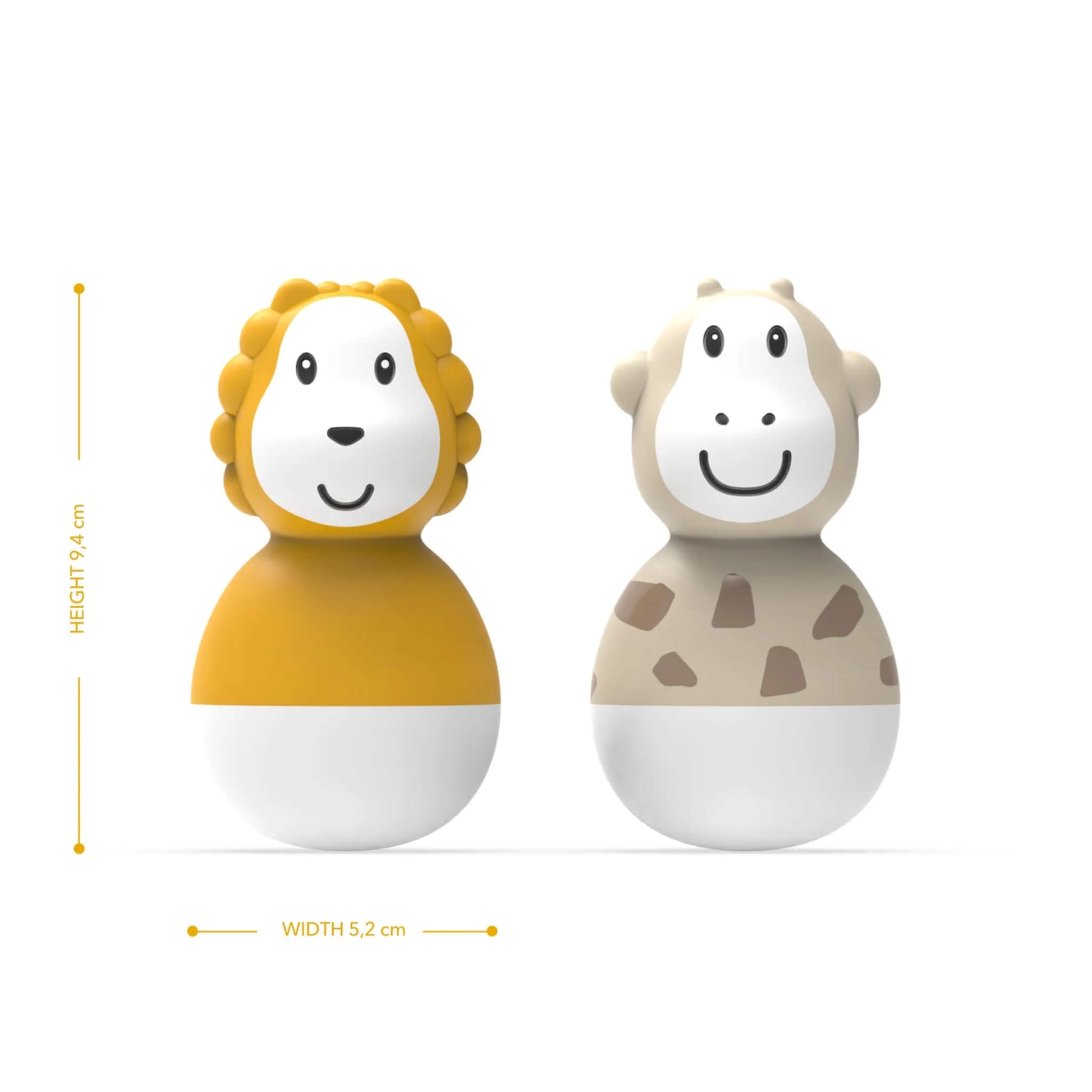 Lion and giraffe bath wobblers shown upright with simple height and width measurements displayed beside them.