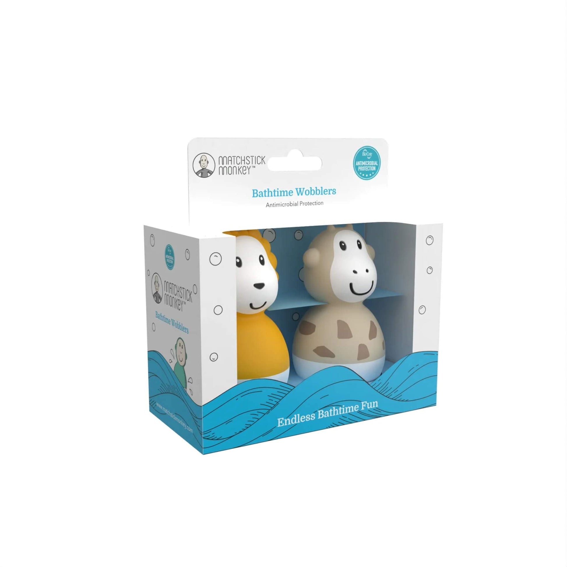 Lion and giraffe bath wobblers in retail packaging with a front window showing both characters inside a blue illustrated box.