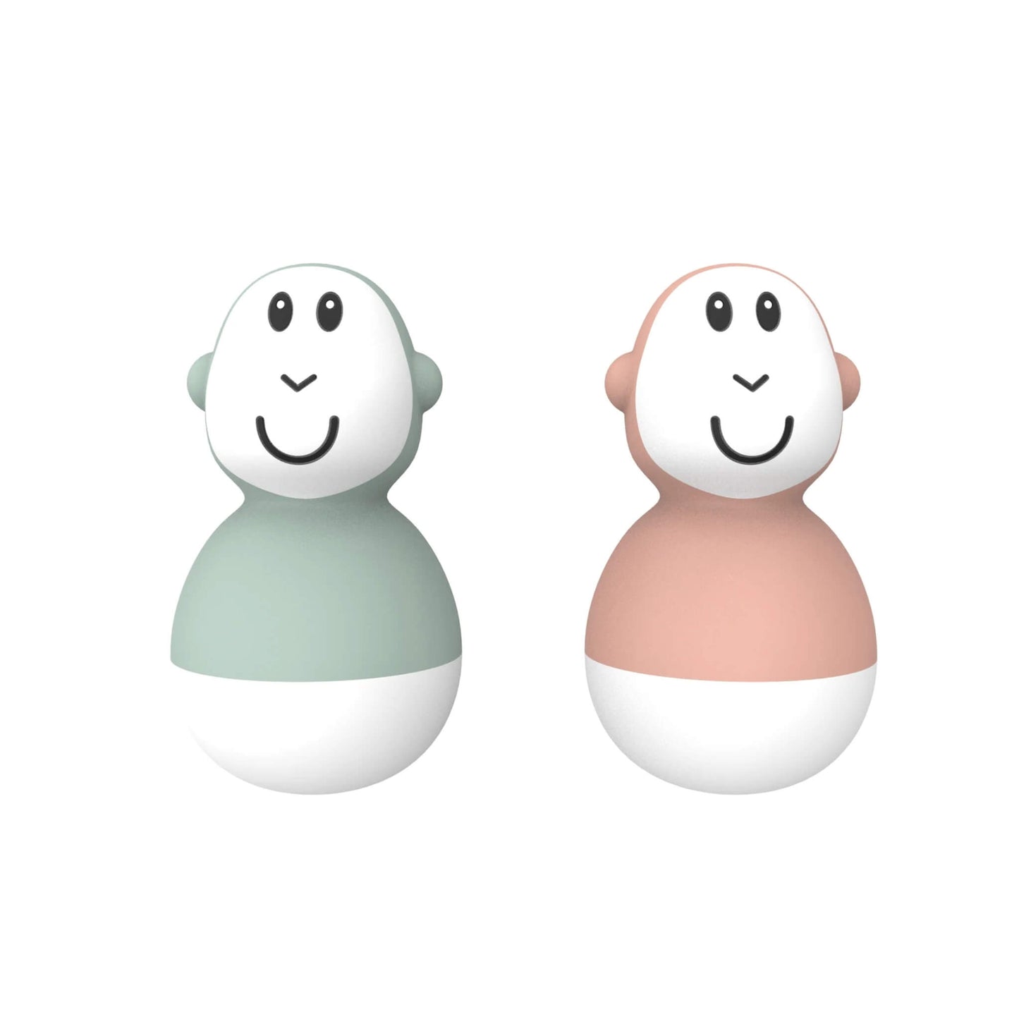 Matchstick Monkey Bathtime Wobblers Mint Green and Dusty Pink shown as two smooth bobbing bath toys with rounded tops and white bases, standing upright side by side on a clean background.