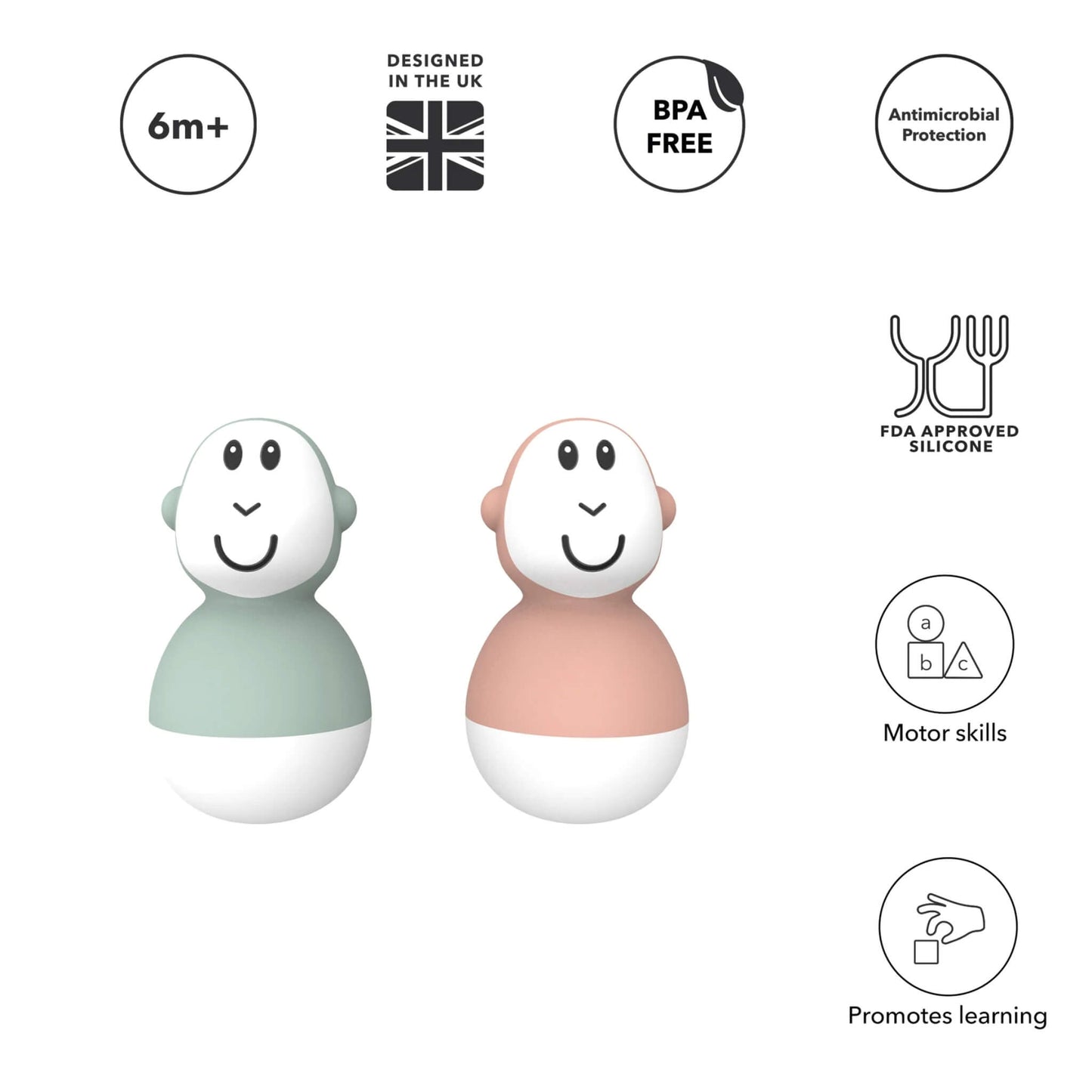 Two pastel-coloured wobbling bath toys stand beneath a row of simple icons showing age suitability, materials information and developmental benefits.