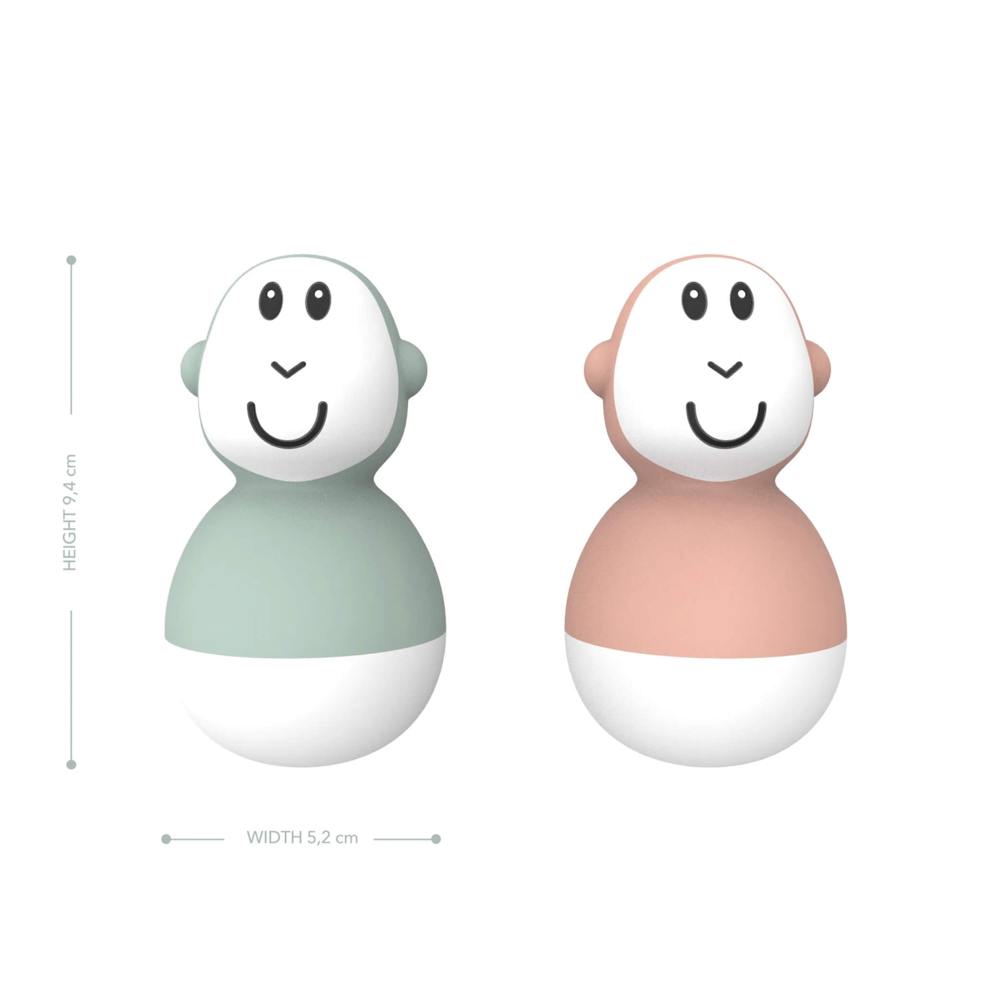 Two pastel-coloured wobbling bath toys displayed with height and width measurements illustrated alongside them.