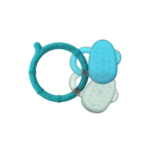 Matchstick Monkey Cooling Teether Blue showing a turquoise silicone teething ring with two water-filled monkey face cooling teethers designed to soothe sore gums.