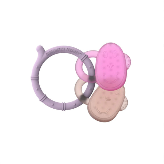 Matchstick Monkey Cooling Teether  featuring a soft lilac silicone teething ring with two water-filled monkey face cooling teethers designed to soothe sore teething gums.