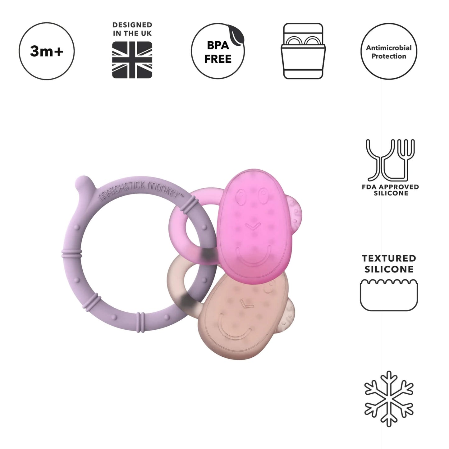 A lilac silicone teething ring with pink and neutral monkey face cooling teethers displayed beside icons showing BPA-free silicone, antimicrobial protection, textured silicone surface and fridge cooling.