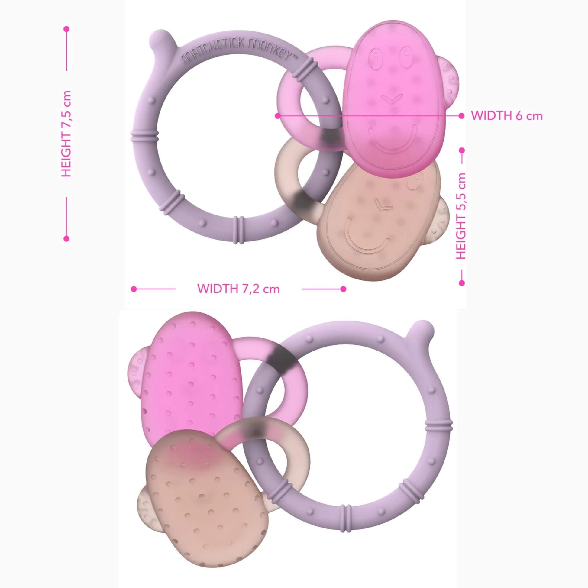 A lilac silicone teething ring with pink and neutral monkey face cooling teethers shown with measurement labels indicating product height, width and teether size.