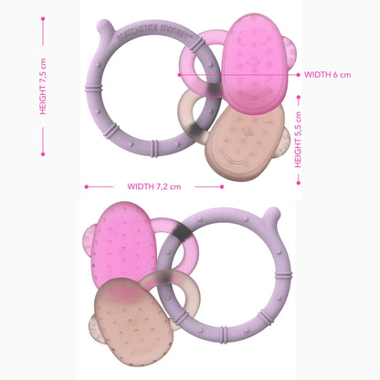 A lilac silicone teething ring with pink and neutral monkey face cooling teethers shown with measurement labels indicating product height, width and teether size.