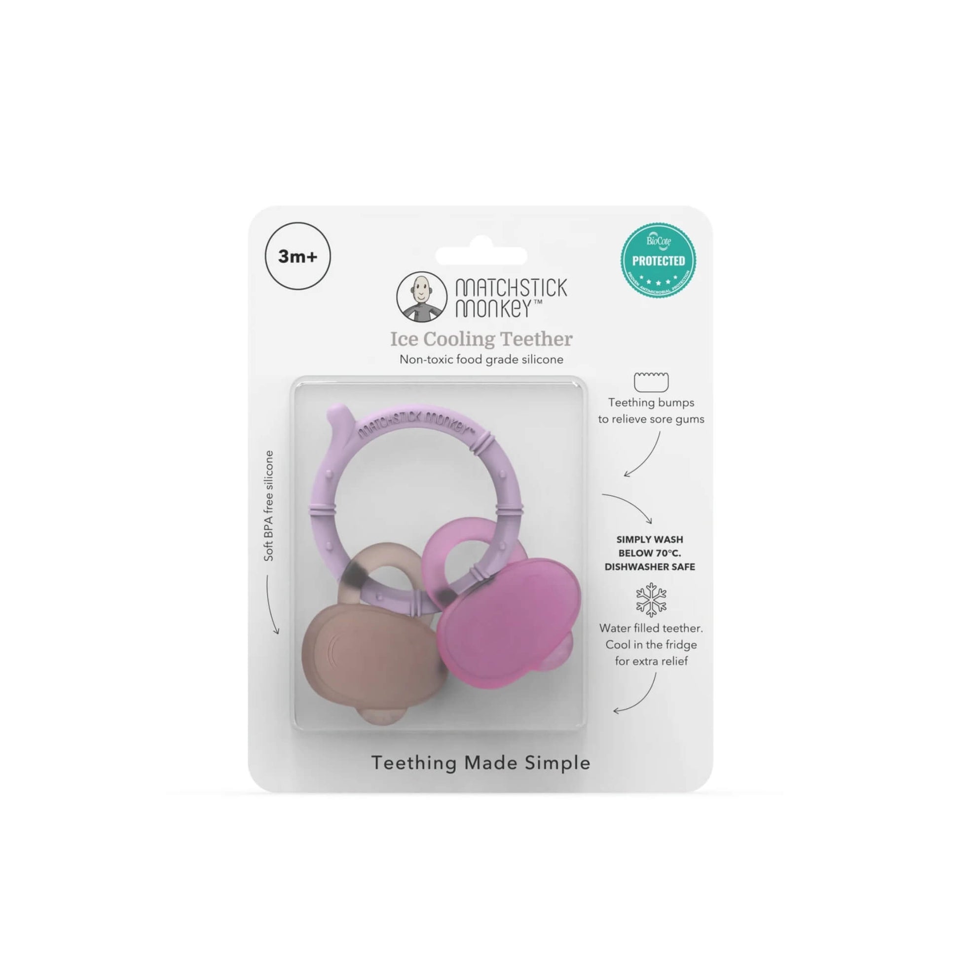Retail packaging showing a pink silicone cooling teether with monkey face teethers inside a clear blister pack labelled suitable for babies aged three months and older.
