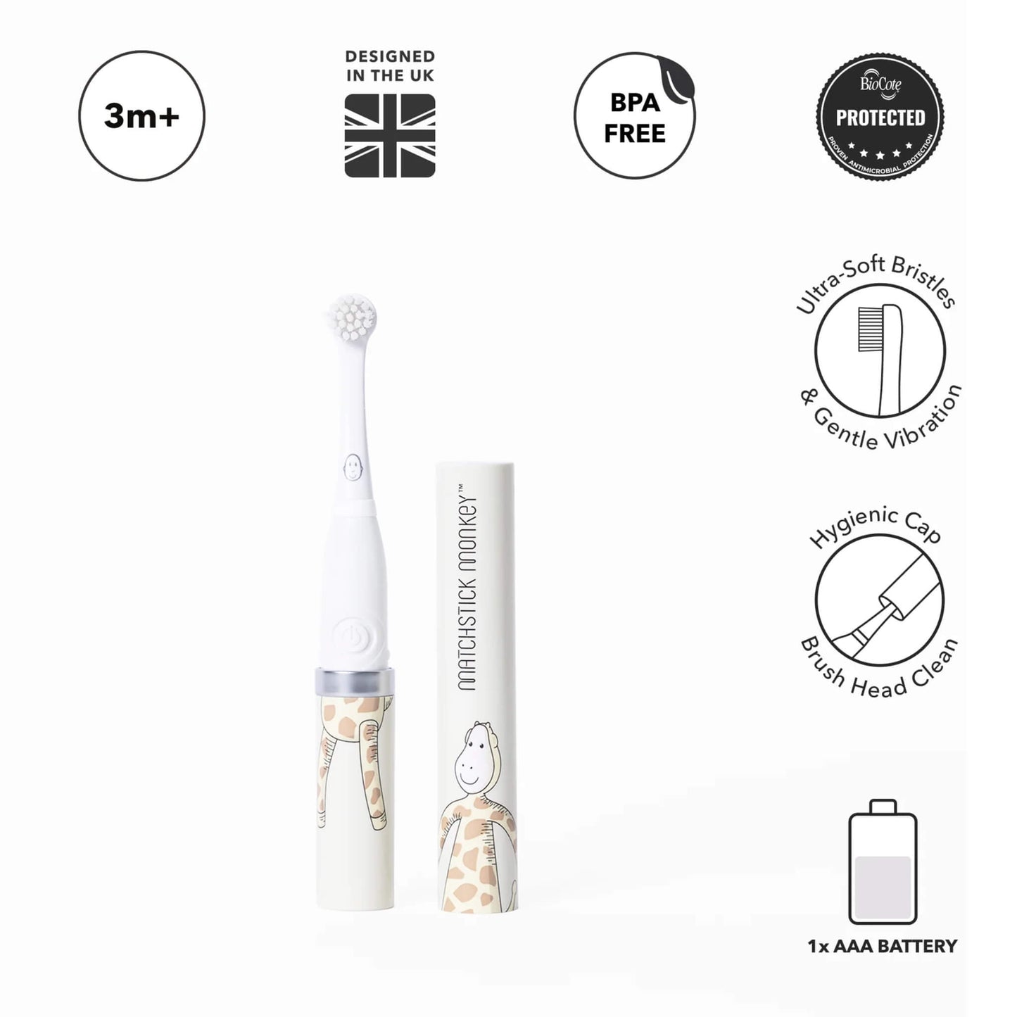A baby electric toothbrush with ultra-soft bristles placed beside an illustrated storage tube, surrounded by icons for age suitability, BPA-free material and antimicrobial protection.