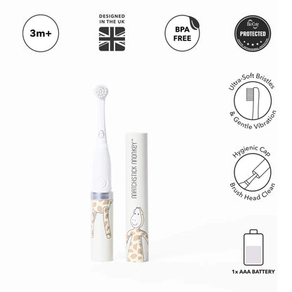 A baby electric toothbrush with ultra-soft bristles placed beside an illustrated storage tube, surrounded by icons for age suitability, BPA-free material and antimicrobial protection.