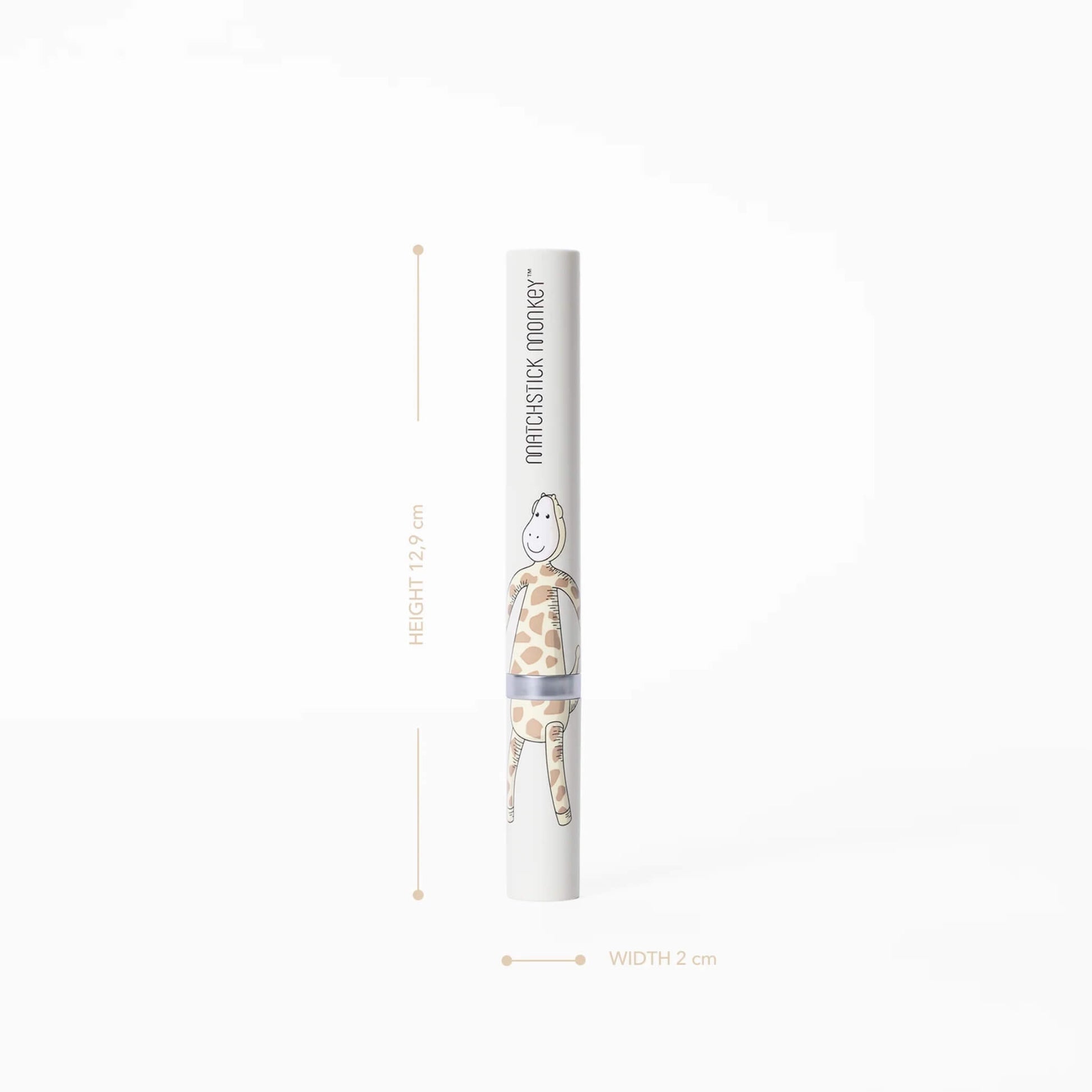 A tall cylindrical toothbrush tube featuring a giraffe illustration displayed upright with height and width measurements shown alongside.