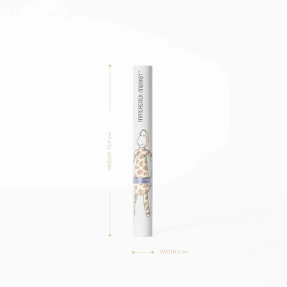 A tall cylindrical toothbrush tube featuring a giraffe illustration displayed upright with height and width measurements shown alongside.